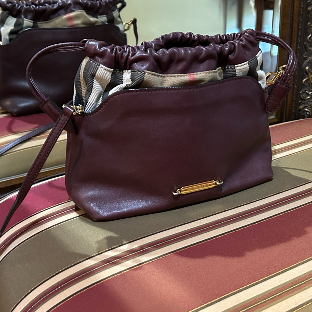Burberry Dark Burgundy House Check Little Crush Crossbody Leather Canvas Bag